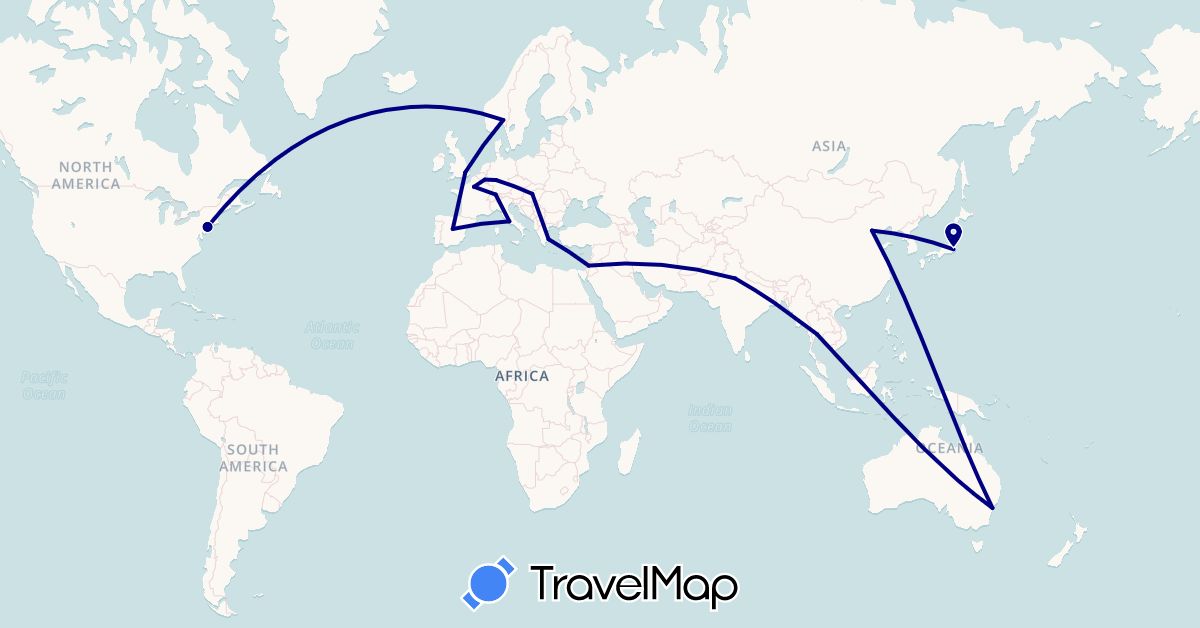 TravelMap itinerary: driving in Australia, Belgium, Switzerland, China, Germany, Spain, France, United Kingdom, Greece, Hungary, Israel, India, Italy, Japan, Norway, Thailand, United States (Asia, Europe, North America, Oceania)